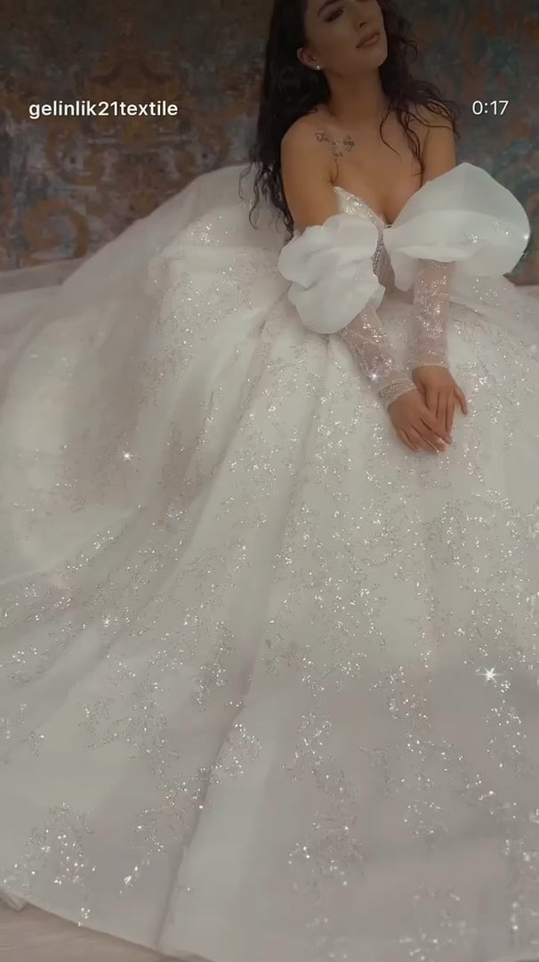 NIL-348 Ivory Ball Gown Bow Beaded Tulle Wedding Dress