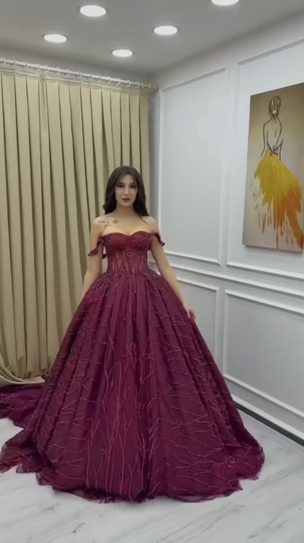 NIL-375 Burgundy Ball Gown Beaded Tulle Engagement Dress