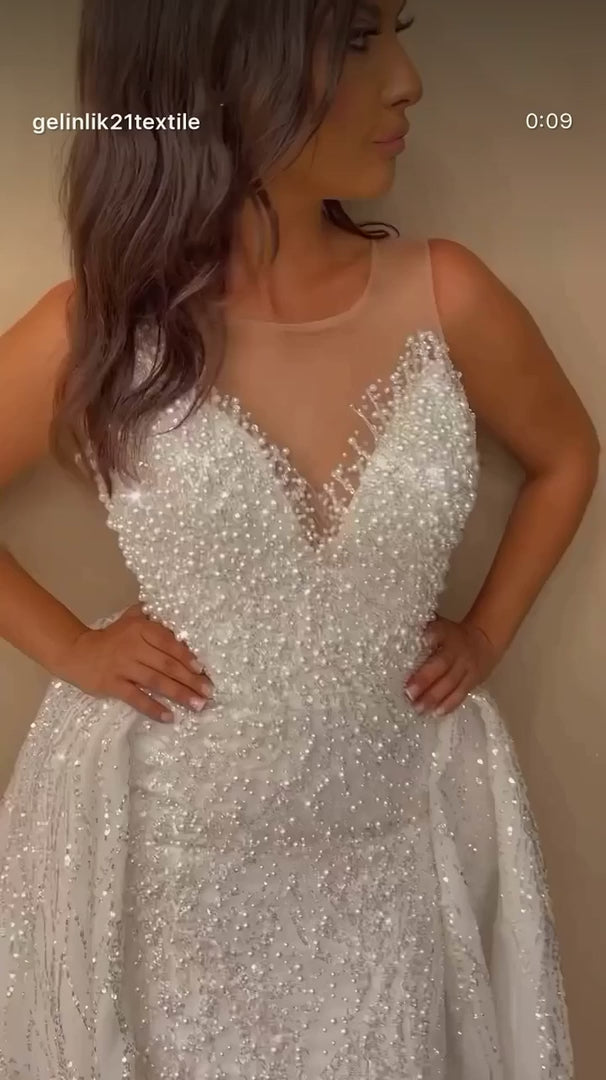 NIL-322 Ivory A-Line Crystal Beaded Tulle Mesh Wedding Dress
