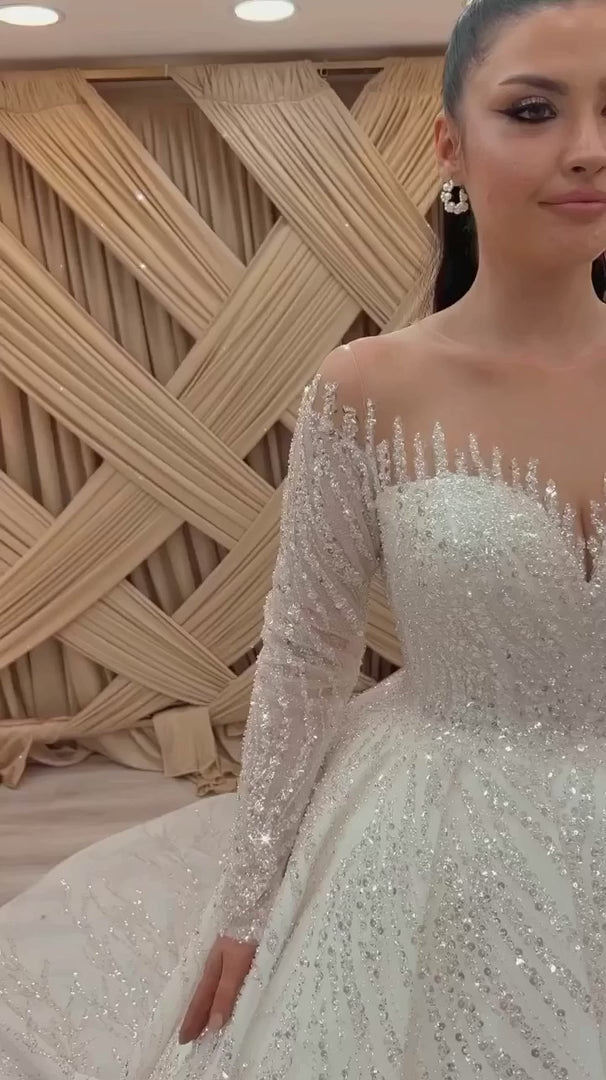 NIL-331 Ivory Ball Gown Pearl Beaded Lace Tulle Wedding Dress