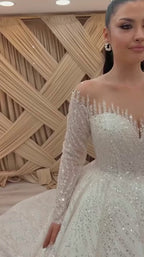 NIL-331 Ivory Ball Gown Pearl Beaded Lace Tulle Wedding Dress
