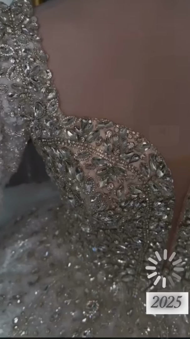 NIL-303 Silver Ball Gown Crystal Beaded Glitter Tulle Wedding Dress