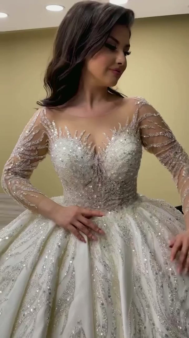 NIL-318 Ivory Ball Gown Crystal Beaded Tulle Wedding Dress