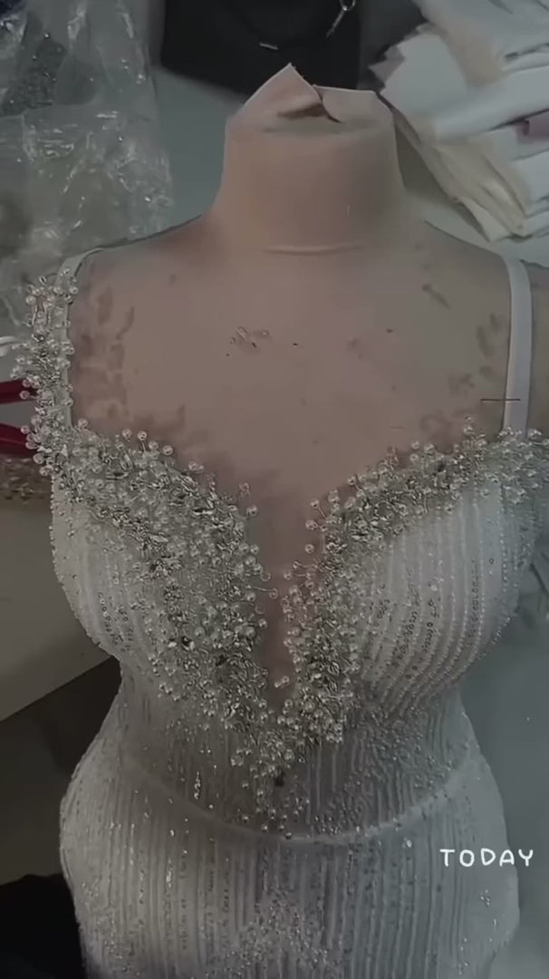NIL-351 Ivory Ball Gown Crystal Beaded Tulle Mesh Wedding Dress