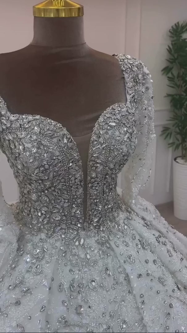 NIL-324 Silver Ball Gown Crystal Beaded Tulle Wedding Dress