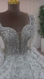 NIL-324 Silver Ball Gown Crystal Beaded Tulle Wedding Dress