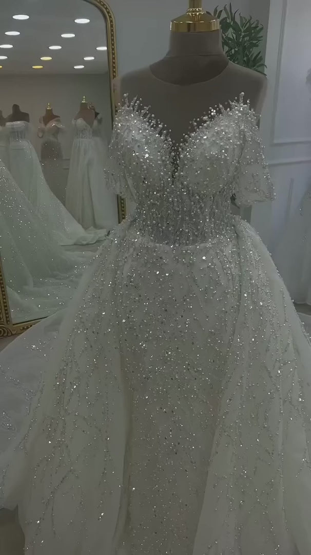 NIL-329 Ivory Ball Gown Crystal Beaded Glitter Tulle Wedding Dress