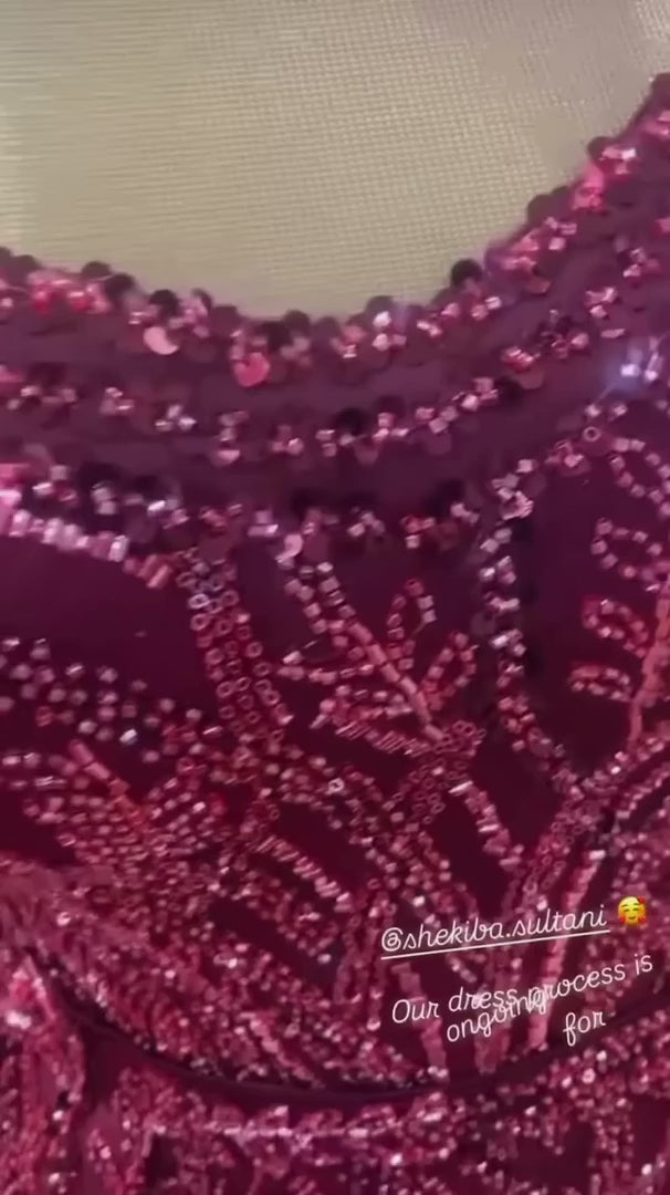 NIL-336 Fuchsia Ball Gown Beaded Tulle Engagement Dress