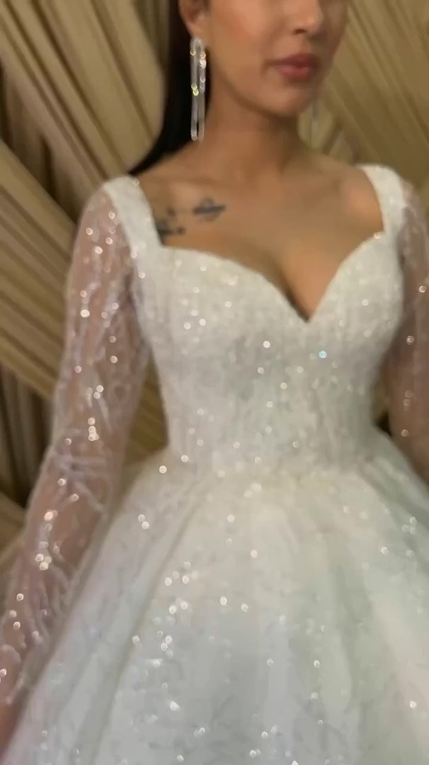 NIL-313 Ivory Ball Gown Pearl Beaded Lace Tulle Wedding Dress