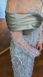 NIL-354 Silver Mermaid Pearl Beaded Tulle Engagement Dress