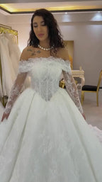 NIL-335 Ivory Ball Gown Floral Lace Tulle Wedding Dress