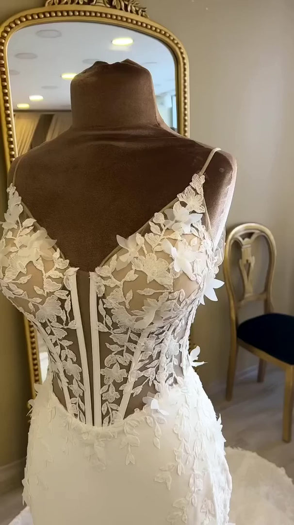 NIL-317 Ivory Mermaid Floral Lace Crepe Tulle Wedding Dress