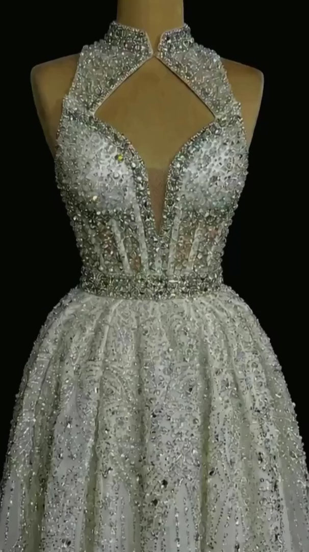 NIL-323 Ivory Ball Gown Crystal Beaded Glitter Tulle Wedding Dress
