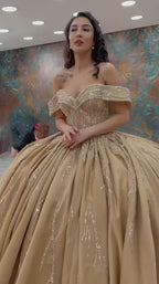 NIL-369 Champagne Ball Gown Beaded Satin Engagement Dress