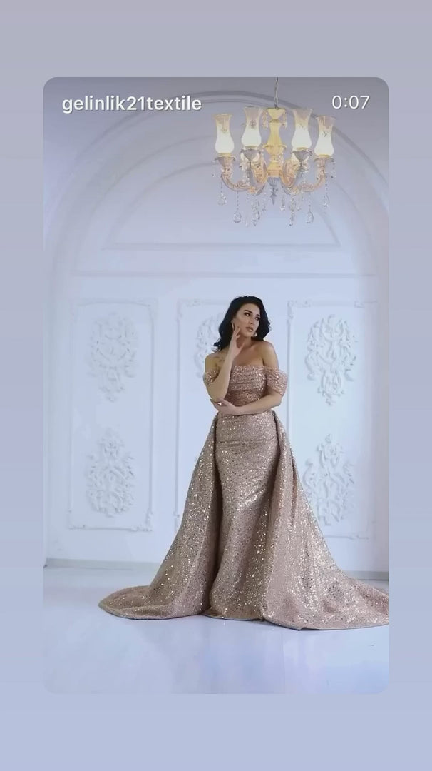 NIL-379 Champagne Mermaid Beaded Satin Engagement Dress