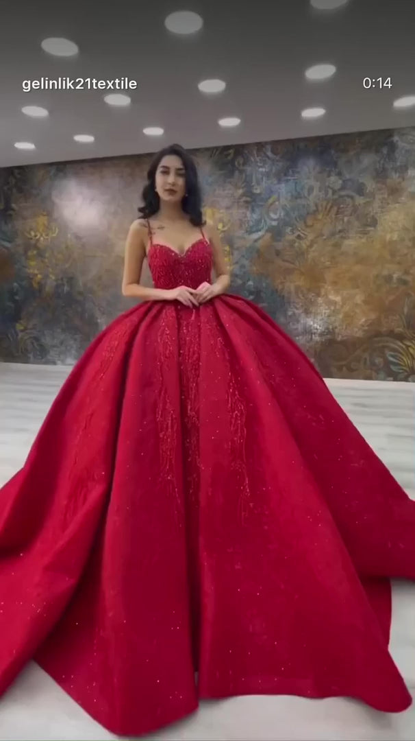 NIL-311 Red Ball Gown Beaded Satin Engagement Dress