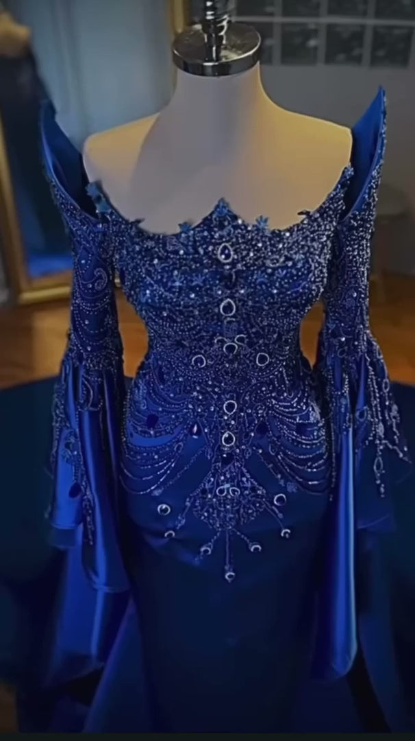 NIL-392 Royal Blue Mermaid Beaded Lace Engagement Dress