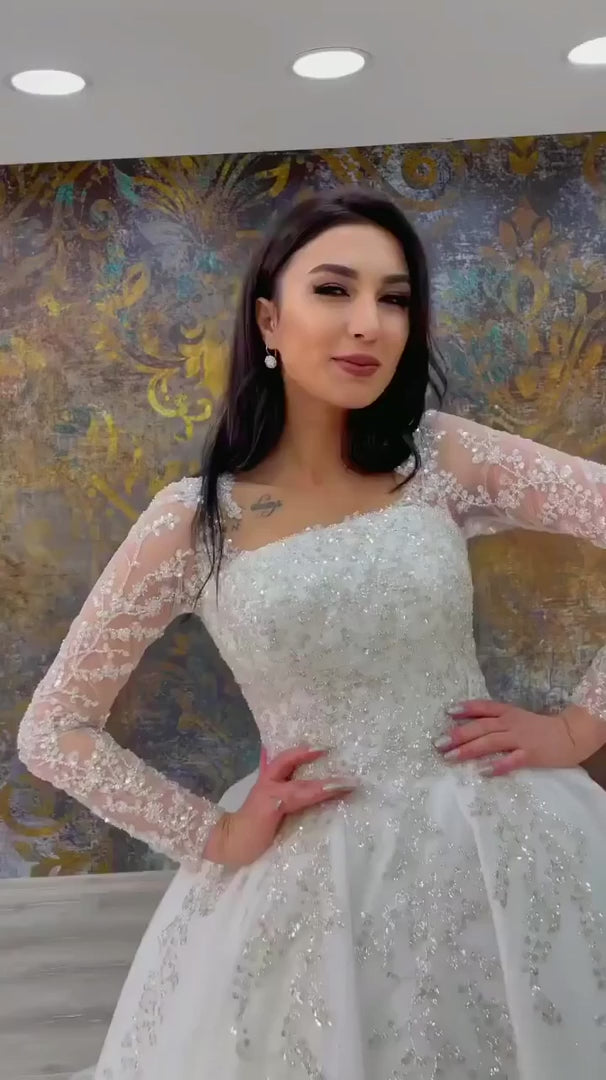 NIL-361 Ivory A-Line Floral Lace Tulle Wedding Dress