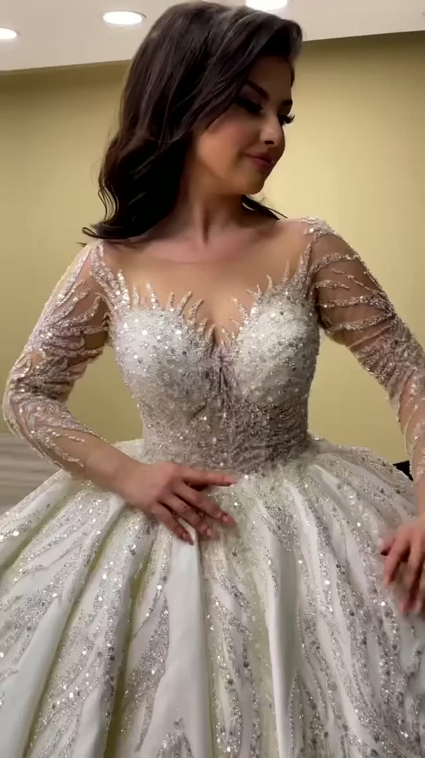 NIL-326 Ivory Ball Gown Crystal Beaded Tulle Wedding Dress