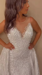 NIL-334 Ivory A-Line Crystal Beaded Tulle Mesh Wedding Dress