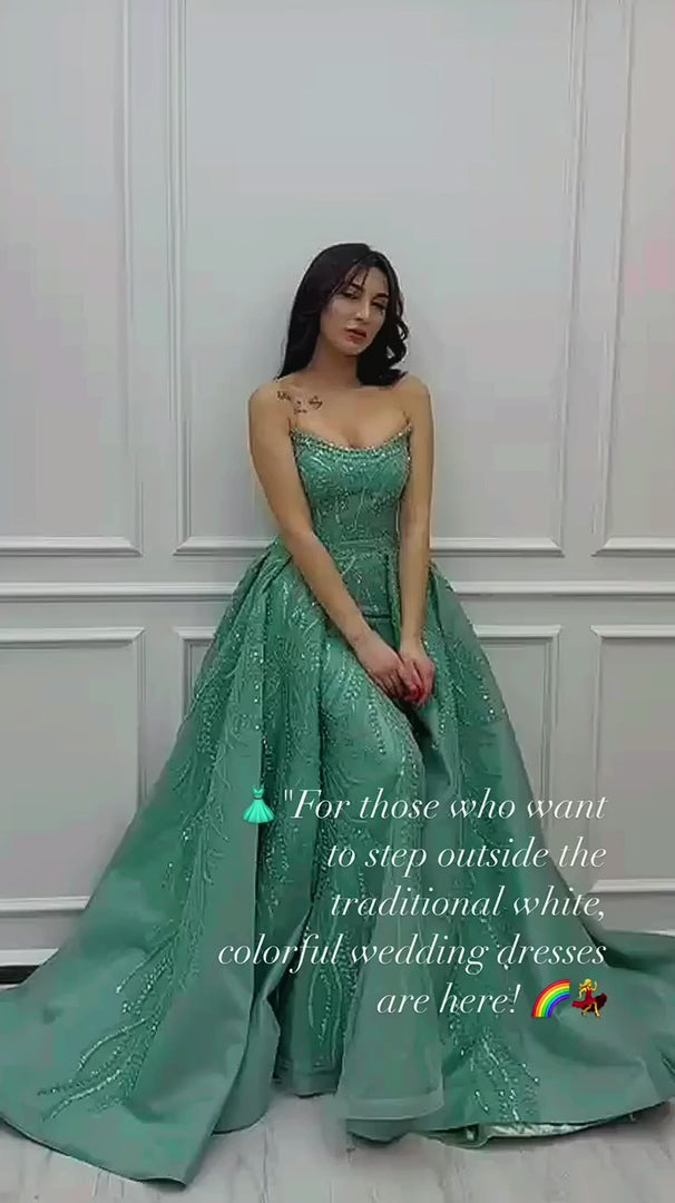 NIL-353 Mint Green A-Line Beaded Tulle Engagement Dress