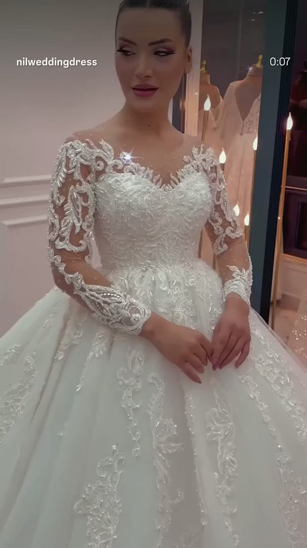 NIL-316 Ivory Ball Gown French Lace Tulle Wedding Dress