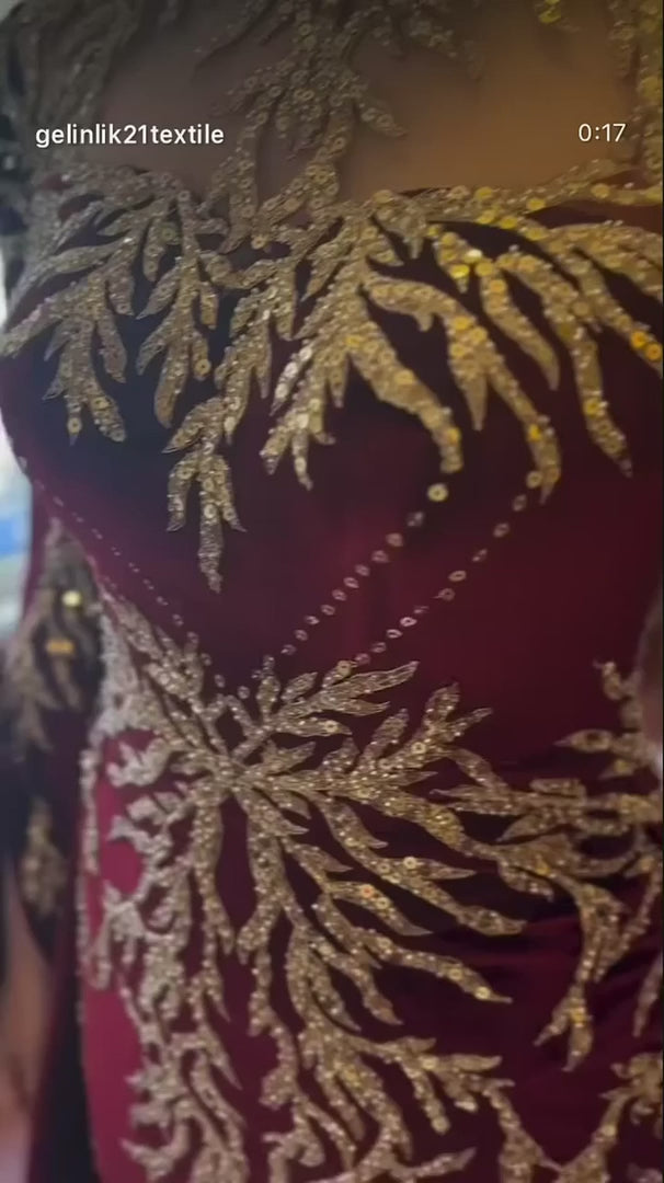 NIL-393 Burgundy Ball Gown Gold Beaded Tulle Engagement Dress