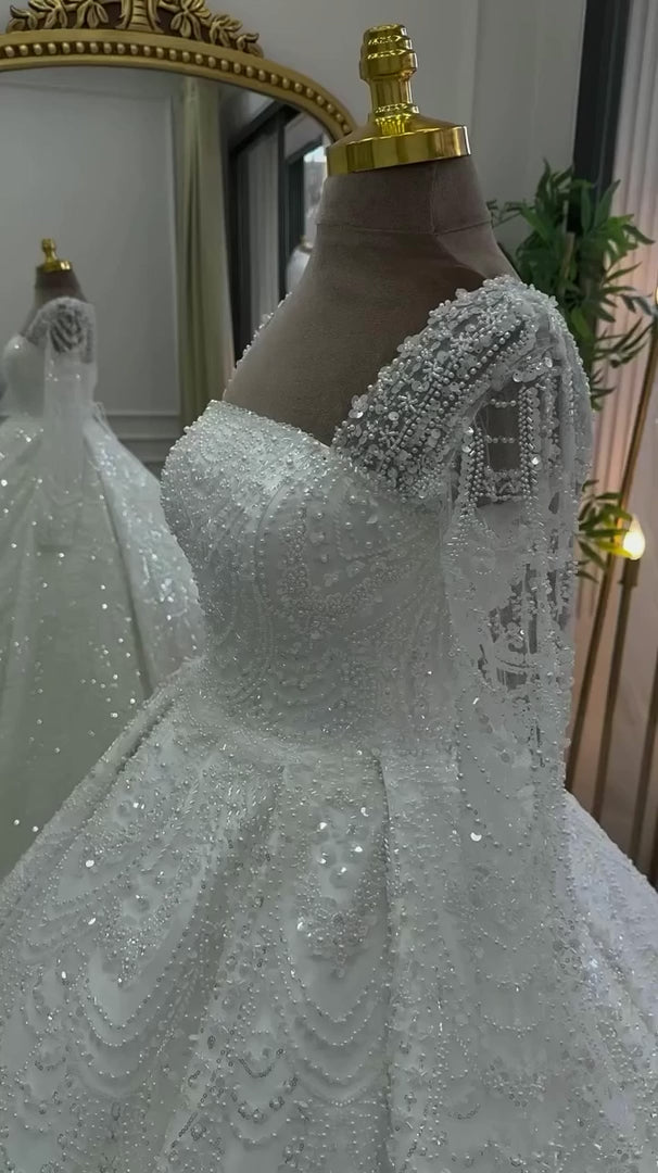 NIL-325 Ivory Ball Gown Crystal Beaded Glitter Tulle Wedding Dress