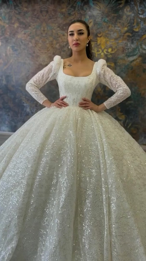 NIL-314 Ivory Ball Gown Glitter Beaded Tulle Wedding Dress