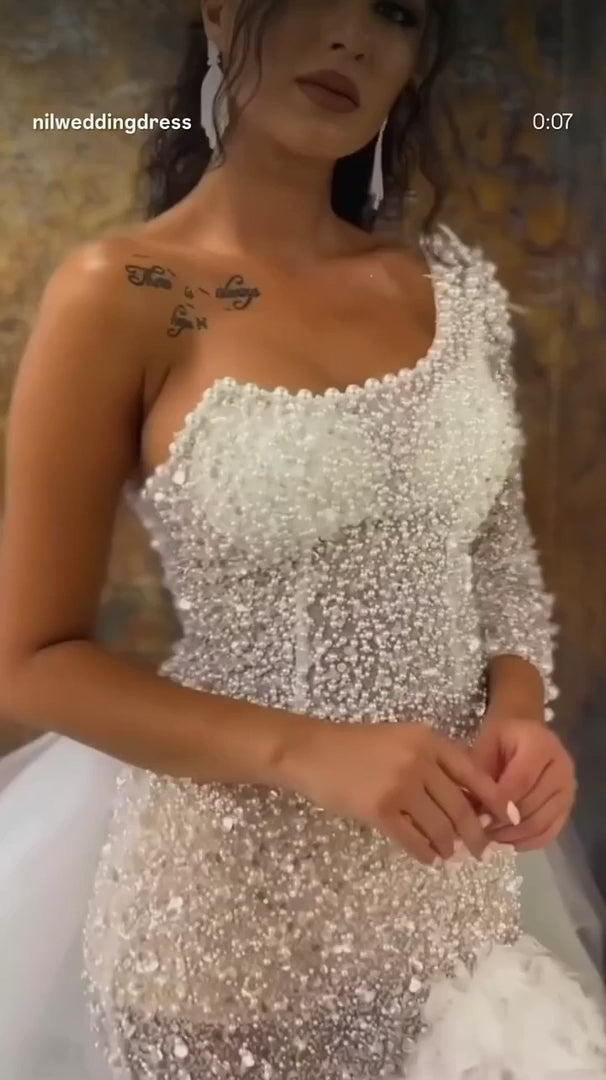NIL-302 Ivory Ball Gown Crystal Beaded Tulle Wedding Dress
