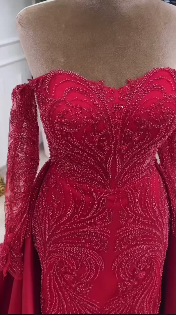 NIL-394 Red Mermaid Beaded Lace Engagement Dress