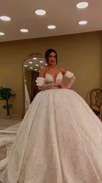 NIL-391 Ivory Ball Gown Bow Beaded Tulle Wedding Dress